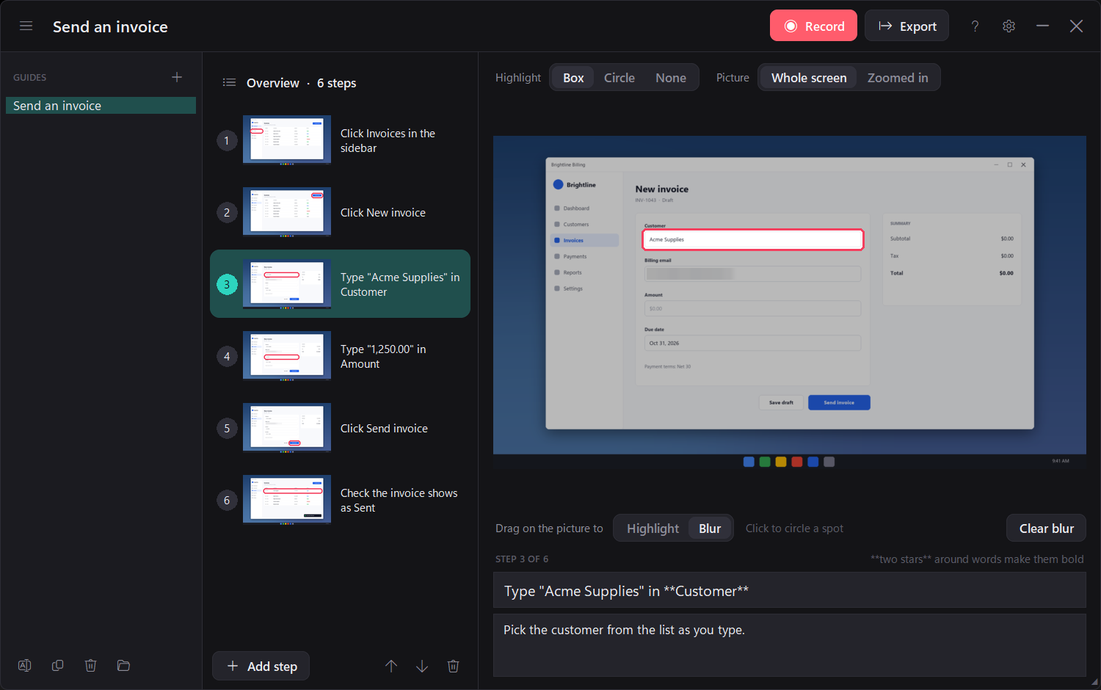 A guide step with the billing email blurred