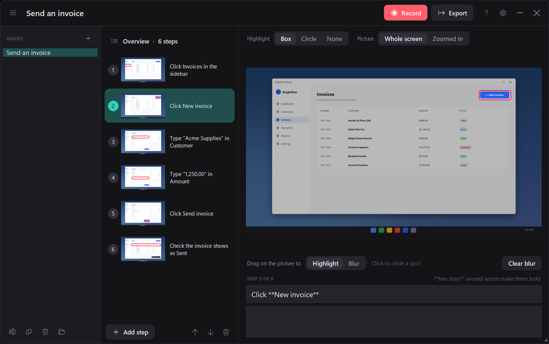 Oexta Steps editing a guide: step list with thumbnails and a screenshot with the New invoice button highlighted