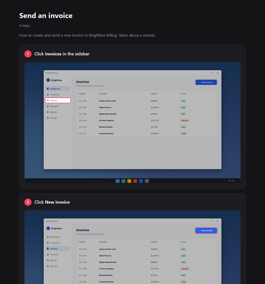 The exported guide as a web page with numbered steps
