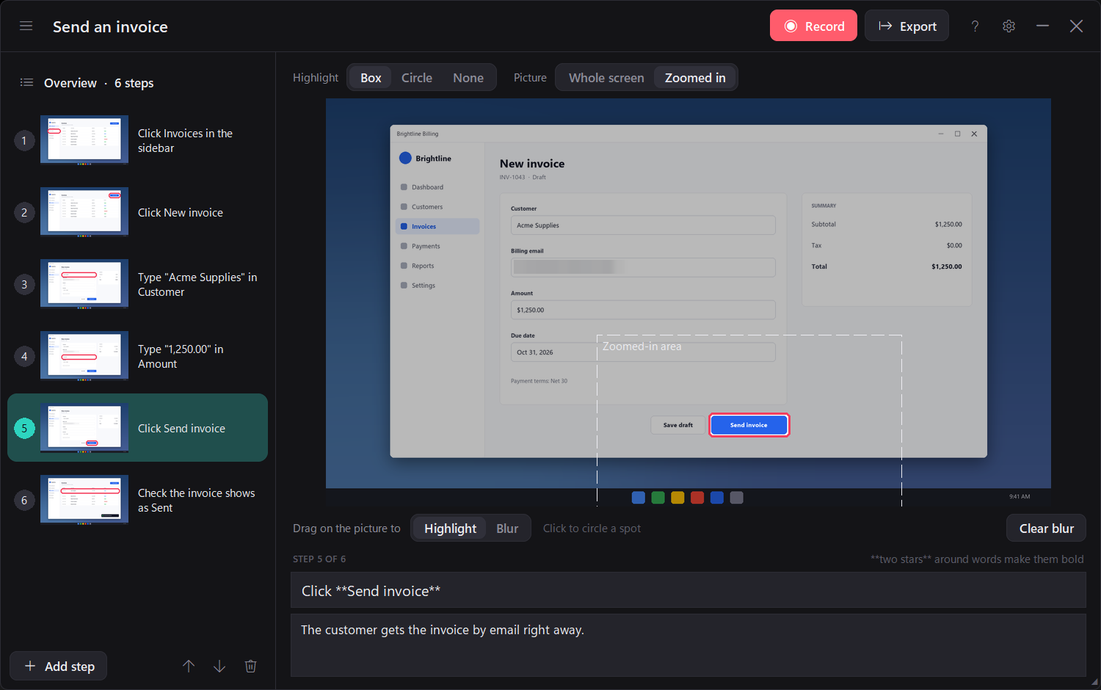 A step zoomed in on the Send invoice button